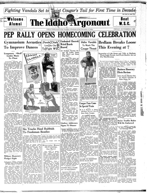 Pep rally opens homecoming celebration: Gymnasium accustics to improve dances, Temporary "shell" guides music to floor; Six trucks haul rubbish to freshman bonfire; "How the campus has changed" is favourite remark of alums; "Beat W.S.C." is the battlecry of fighting Vandal gridmen: Vandals ready for game after weeks of prepration (p4); Idaho boxers meet W.S.C tonight (p4);