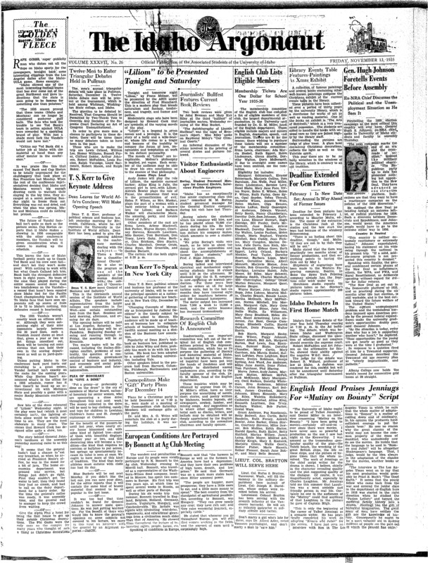 Twelve men to enter triangular debates held in Pullman; "Liliom" to be presented tonight and saturday; European conditions are potrayed by bonnett at ag club meeting; "G.O.P would be wise to choose Borah for 1936 race" - Johnson (p2); Louie Denton and Luke Purcell cop golden gloves championships for northwest at Seattle (p4);