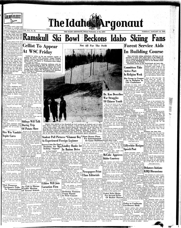 Ramskull ski bowl beckons idaho skiing fans: forest service aids in building course; Cellist to appear at WSC Friday; Committees take active part in religion week; Dr. Koo describes war struggles of Chinese youth; Iddings will talk during trip of potato show; Gay dances liven end of week (p2); PLanets begin frolic through space (p2); Vandals slacken pace in workouts for coming oregon state series (p4)