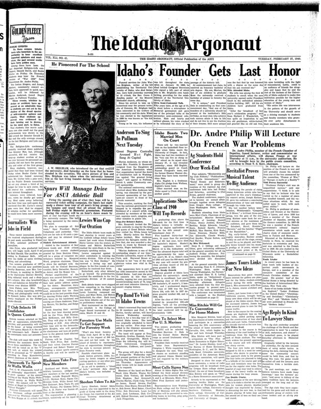 Idaho’s founder gets last honor; Applications show class of 1940 will top records; Pep band to visit 11 Idaho towns; Dr. Andre Philip will lecture on French War problems; Anderson to sing in Pullman next tuesday; Ag students hold conference over week-end; Recitalist proves musical talent to big audience; Lewies win cup for orientation; Journalists win jobs in field; Spurs will manage drive for ASUI athletic ball; Wrestlers see title chance (p3); Students to receive tick fever serum (p3); Idaho finishes against ducks tonight, Wednesday: team expects Oregon to be at peak (p4); Idaho boxers explode cougar title hopes (p4)