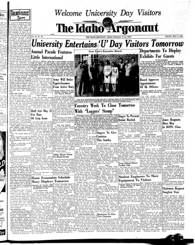 All University Day (pg 1, c8) | American Forest week (pg 1, c4) | ASUI-Executive Board (pg 1, c3) | Little International (pg 1, c2) | President of U of I, 1937-1946 (pg 2, c4)