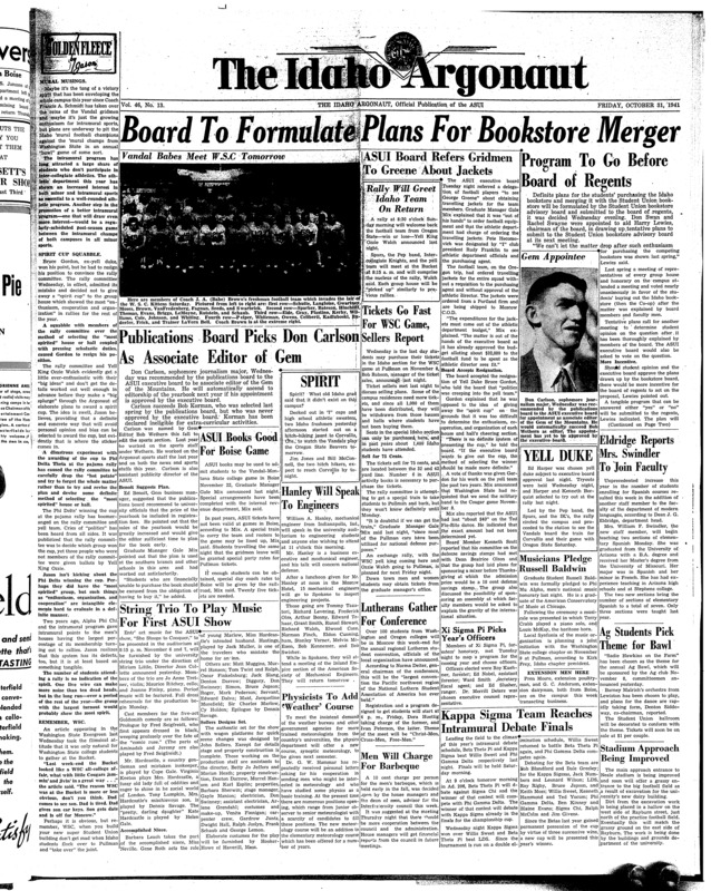 ASUI-Executive Board (pg 1, c1) | Bookstore, Student (pg 1, c8) | Intramural (pg 4, c5) | Freshman team vs. Fairchild Air Force base (pg 4, c3) | Photo (pg 1, c7) | President of U of I, 1937-1946 (pg 2, c4)