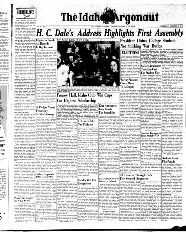 Enrollment - University of Idaho (pg 1, c2) | President of U of I, 1937-1946 (pg 1, c8) | Scholastic honors (pg 1, c3) | University of Idaho (pg 4, c1)