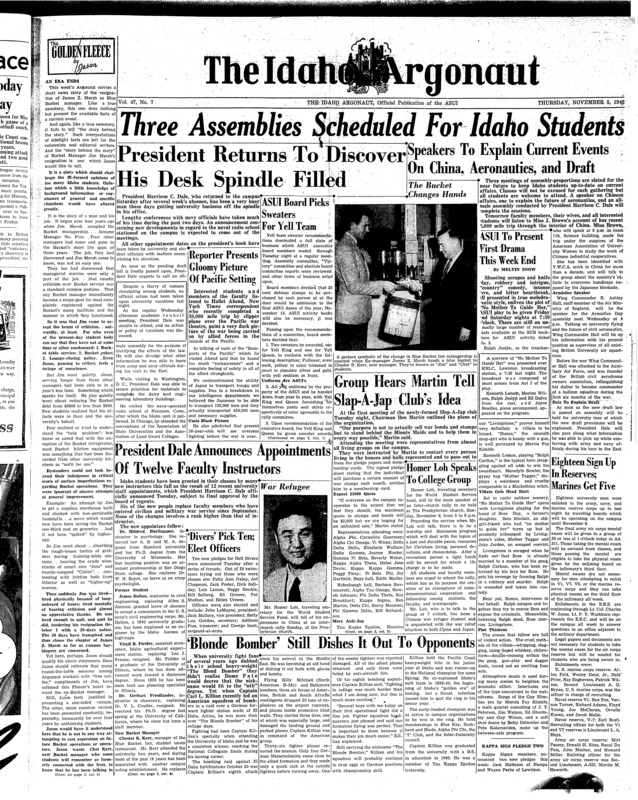 ASUI-Executive Board (pg 1, c4) | Humor magazine (pg 1, c5) | President of U of I, 1937-1946 (pg 1, c2) | University of Idaho vs. University of Montana. Photo (pg 4, c1)