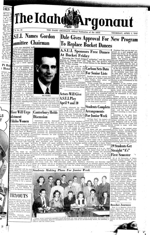 ASUI-Executive Board (pg 1, c1) | Baseball (pg 4, c1) | Photo (pg 1, c2) | President of U of I, 1937-1946 - resignation (pg 1, c5) | Rifle team (pg 4, c2) | Track - University of Idaho (pg 4, c3)