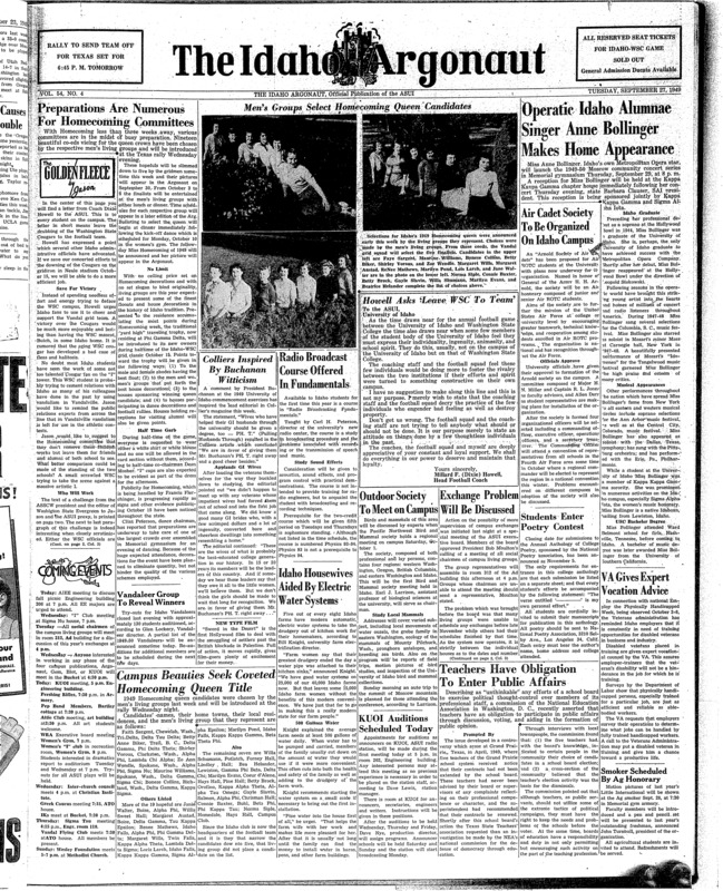 Alumni (pg 4, c2) | Arnold Air Society (pg 1, c7) | Bollinger, Anne (pg 1, c8) | Homecoming (pg 1, c2) | National Student's Association (NSA) (pg 2, c1) | Organization of Gymnastics (pg 4, c4) | Photo (pg 4, c3) | Radio division, Humanities department (pg 1, c4) | U of I president, 1946-1954 (pg 1, c3) | University of Idaho vs. University of Oregon (pg 4, c1)