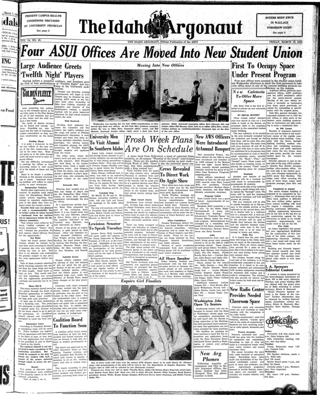 1950 edition - construction and opening (pg 1, c7) | Associated Women Students (pg 1, c6) | Composed of Greek and Independent Caucus members (pg 1, c2) | Cosmopolitan Club (pg 2, c7) | Facilities (pg 1, c7) | Freshman week (pg 1, c4) | Photo (pg 4, c1) | Radio center (pg 1, c7) | Shearing (pg 3, c3) | The 4-H club (pg 3, c5)