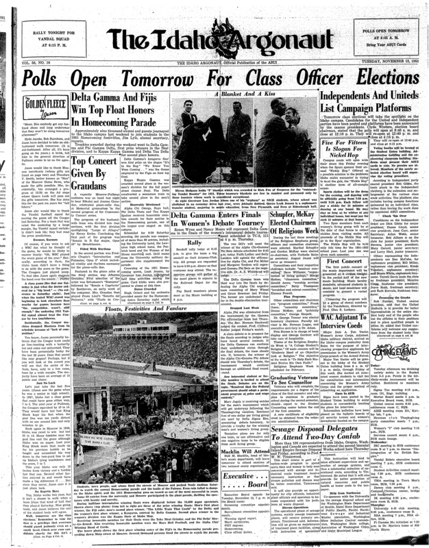 Adams, Jean (pg 3, c5) | Debate, Women's Intramural (pg 1, c5) | Elections (pg 1, c8) | Governor - Idaho 1951-1955. Photo (pg 1, c4) | International relations club (pg 3, c3) | Mortar Board (pg 3, c4) | Nickle Hop (pg 1, c7) | Parade (pg 1, c3) | Personnel (pg 4, c6) | Photo (pg 1, c3) | Photo (pg 1, c4) | Photo (pg 2, c3) | Religions emphasis week (pg 1, c6) | Student teaching (pg 3, c8) | University of Idaho vs. Washington State University. 'Losers' Walk' (pg 2, c3) | University of Idaho vs. WSC (pg 4, c1)