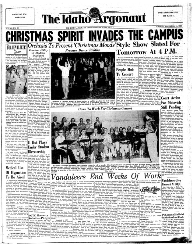 Christmas candlelight concert (pg 1, c3) | Christmas program. Photo (pg 1, c2) | Convicted of arson in 1956 Gault Hall fire. (pg 1, c8) | Freshman team vs. Columbia Basin Jr. College (pg 4, c3) | Freshmen team vs. Whitworth (pg 4, c6) | Holly Week (pg 1, c6) | Photo (pg 3, c4) | Play production class (pg 1, c2) | University of Idaho exchange student to Columbia, IFYE (pg 3, c3) | University of Idaho vs. WSC (pg 4, c8) | Varsity team vs. Montana State College (pg 4, c1) | Varsity team vs. Montana State University, Bozeman (pg 4, c2) | Varsity team vs. Utah State College (pg 4, c4)