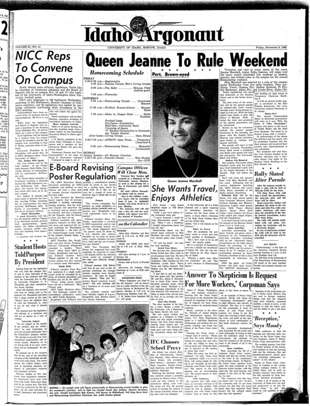 Homecoming queen, 1962. Photo (pg 1, c5) | Peace corps (pg 1, c6) | Photo (pg 1, c7)