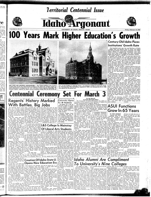 Birthday (pg 3, c3) | Campus chest (pg 1, c5) | Lewis-Clark Normal School (pg 1, c6) | Mississippi legislator. Photo (pg 1, c5) | Name change (pg 1, c6) | SUB dedication. (pg 1, c4) | Territorial centennial issue (pg 1, c0)