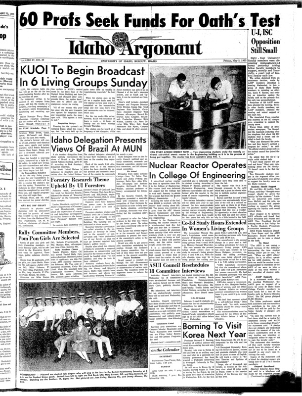 College of Engineering. Photo (pg 1, c4) | KUOI (pg 1, c1) | Model United Nations (pg 1, c2) | Photos (pg 5, c0) | State Idaho Loyalty Oath (pg 1, c8) | Varsity team vs. Oregon State College (pg 8, c1)