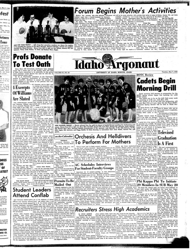 Alpha Kappa PSI (pg 4, c5) | Freshmen team vs. WSU (pg 4, c4) | National scholastic honorary (pg 1, c7) | Photos (pg 1, c4) | R.O.T.C. - spring review (pg 1, c7) | Spring (pg 4, c6) | State Idaho Loyalty Oath (pg 1, c1) | University of Idaho vs. Utah State, Montana State University (pg 4, c1) | Varsity team vs. Washington State University (pg 4, c1)