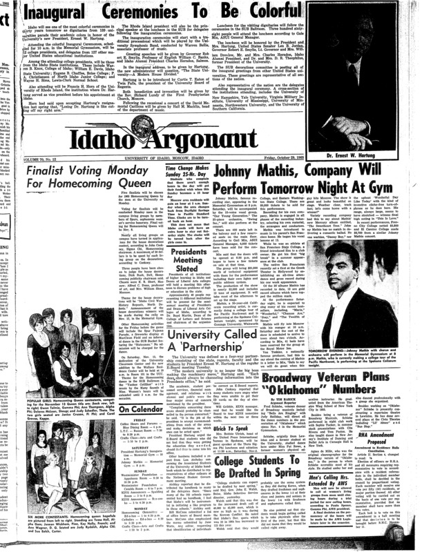 'Miss Wool of Idaho' contest (pg 3, c7) | Draft (Military) (pg 1, c5) | Films and film committee (pg 2, c7) | Freshmen vs. University of Montana freshmen (pg 4, c6) | Incoming U of I president. Inauguration plan (pg 1, c1) | Mathis, Johnny (pg 1, c5) | Musical play (pg 1, c6) | Queen (pg 1, c1) | Speaker (pg 3, c7) | University of Idaho vs. University of Oregon (pg 4, c7) | Vietnam protests and controversy (pg 2, c1) | Vietnam protests and controversy (pg 2, c3)
