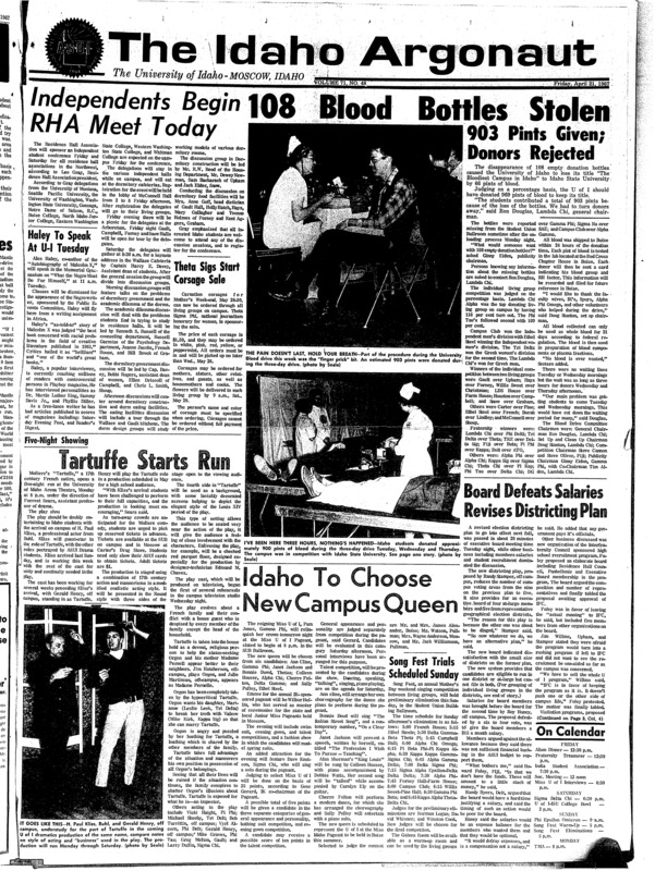 ASUI-Executive Board (pg 1, c7) | College Bowl, Intercollegiate Team (pg 4, c1) | Drama department production. Photo (pg 1, c1) | Miss University of Idaho contest (pg 1, c4) | Photo (pg 1, c7) | Photo (pg 3, c1) | Protests and controversies at University of Idaho (pg 3, c5) | Teacher evaluation (pg 4, c1) | Varsity team (pg 6, c6)