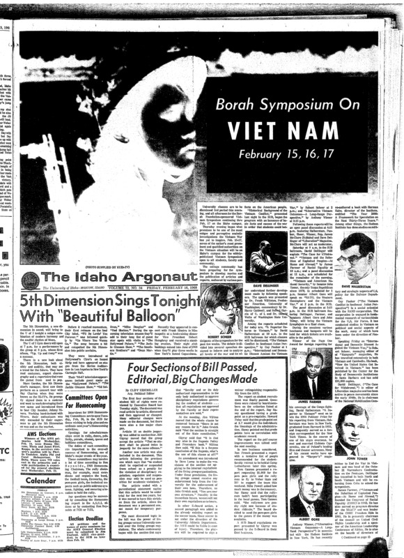 Borah Symposium on Vietnam; 5th Dimension sings tonight with “Beautiful Balloon”; Four sections of bill passed, editorial, big changes made; Fortune Magazine honors Idaho alums (p3); Students in Europe can afford $7 daily (p3); Pikes celebrate anniversary (p4); Pi Kap slaves plan auction (p4); Activities Council area heads to select new chairmen (p6); CBC Grapplers top Idaho matmen (p7); Vandal grapplers meet Gonzaga (p7); Ex-Vandal pitcher making adjustments for pro ball (p7); Vandal babes play NIJC Cardinals (p8); Conference crown on line at Ogden (p8);