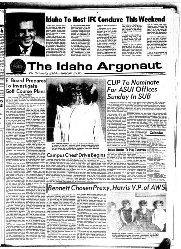 Idaho to host IFC conclave this weekend; E-Board prepares to investigate golf course plans; CUP to nominate for ASUI offices Sunday in SUB; Campus Chest Drive begins; Bennett chosen Prexy, Harris V.P. of AWS; CUP slates Convention Feb. 25 (p3); Grape pickers strike documentary subject (p4); U-I Arnold Air Society to host eleven school (p4); Opera workshop draws audience of 200 people (p4);