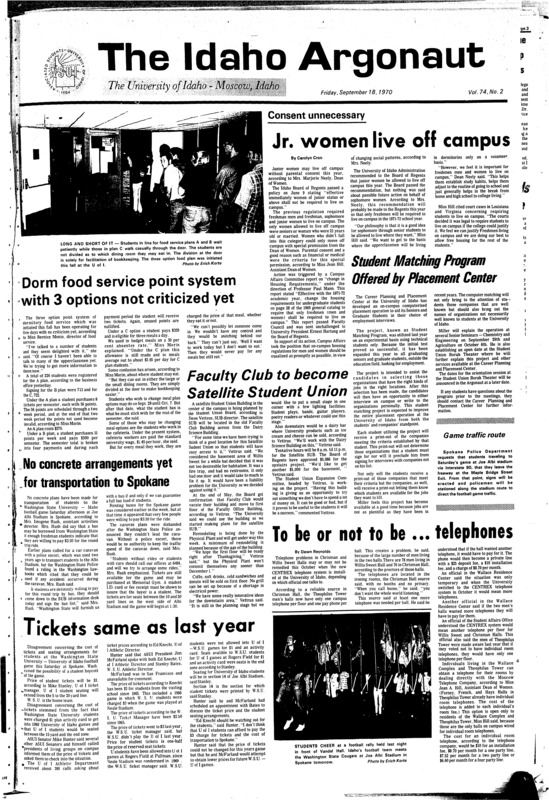 Consent unnecessary: Jr. women live off campus; Dorm food service point system with 3 options not criticized yet; Student matching program offered by placement center; Faculty club to become Satellite Student Union; To be or not to be … telephones; Tickets same as last year; No concrete arrangements yet for transportation to Spokane; Senators, investigate before boycotting (p2); Watch for Washington Patrol (p2); Credits lowered for requirement (p2); Studio theatre renovated (p3); WSU students involved in crash on Moscow-Pullman road yesterday (p3); INcreased needs cause fee raise (p3); Positions open on ASUI committees (p4); U of I awarded a grant (p4); Vandals coaching staff brings experience to the players (p5); Intramural managers plan fall program (p5); Idaho meets WSU in Palouse battle (p5)