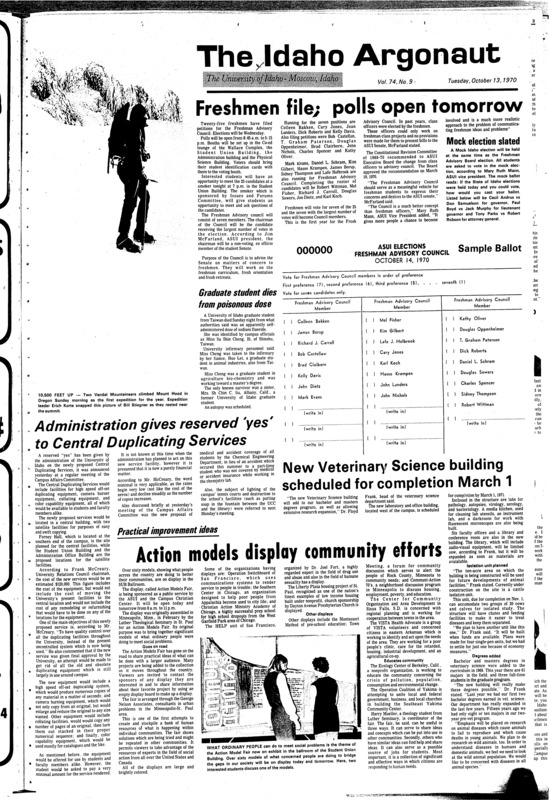 1970 European tour (pg 6, c3) | Central Duplication Services (pg 1, c1) | Freshman vs. Boise State College. Photo (pg 5, c1) | New building (pg 1, c4) | Photo (pg 4, c1) | Photos (pg 1, c3) | University of Idaho vs. University of Montana (pg 5, c3)