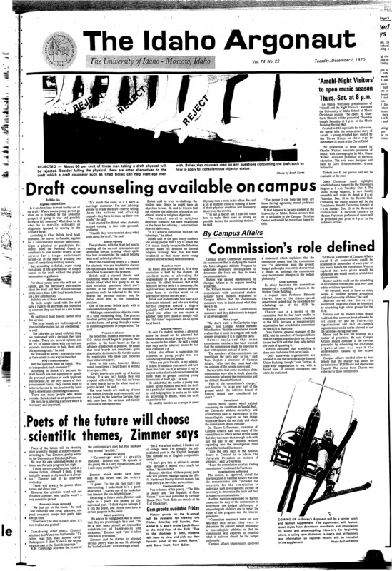 Draft counseling available on campus; ‘Amahl-Night Visitors’ to open music season Thurs.-Sat. at 8 p.m.; Commission’s role defined; Poets of the future will choose scientific themes, Zimmer says; Numbers game yields to full time equivalents (p2); Idaho football players are high in conference (p3); New Vandals ski club will go to Schweitzer (p3); Volleyball team planned (p3); Vandal hoopsters meet Toledo for away game (p3); Wednesday evening meeting set to discuss proposed day care center (p4); Acts to compete at talent show (p4)