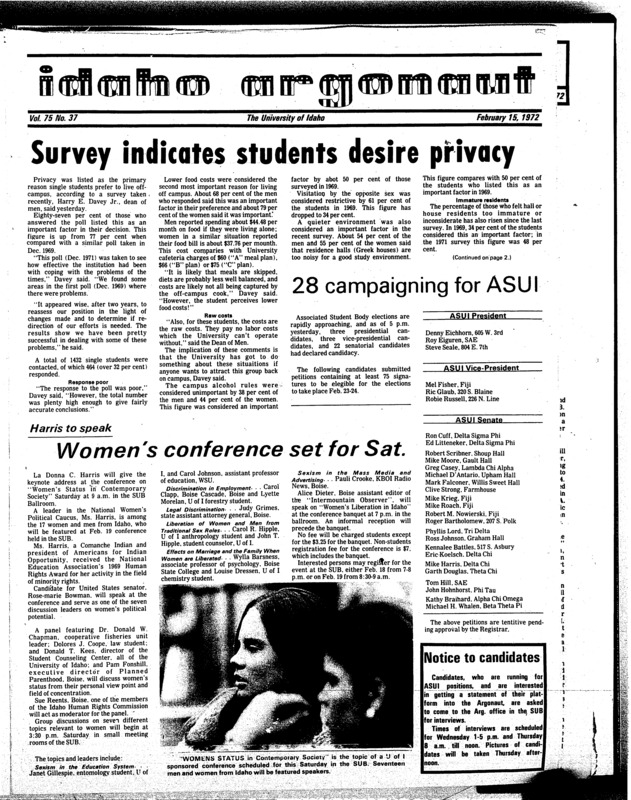 Survey indicates students desire privacy; 28 campaign for ASUI; Women’s conference set for Sat,; Gem survey shows students want annual (p2); New restrictions st on parking (p2); ACTION visits campus (p3); Final exam period next year may be shortened to five days (p3); Voluntary ASUI amendment on general ballot (p5); Senatorial candidate Bowman denounces Viet Nam War and minority discrimination (p5); Phyics class creates hologram (p6); Idaho Women’s commission finds discrimination (p6); Strolling down victory lane (p7); Wrestling team drops match (p7); WRA basketball results (p7); Society’s films offer important perspective (p8); Moscow concert features famous soloist (p8)