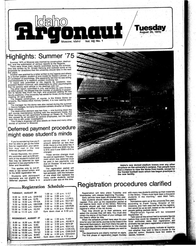 Highlights: Summer ‘75; Deferred payment procedure might ease student’s minds; Registration procedures clarified; Study tells all: attractiveness depends on buttock proportions (p2); Hartung’s reliability questioned (p3); Students gain control over private records (p3); Committee formed to head off loss (p3); More home-ec! (p3); Registration begins for intramurals (p3); Argonaut will begins normal schedule (p3); Rushees top-out house capacities (p4)