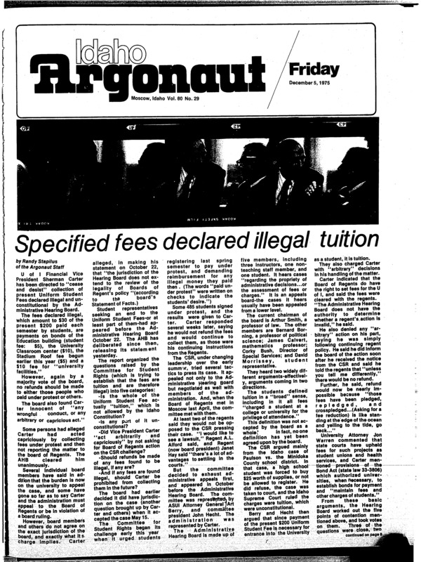 Illegal (pg 1, c0) | Student. Appeals to regents (pg 11, c0) | Talks about N.W. Africa and Spain (pg 10, c0) | Tuition fees (pg 1, c8) | University of Idaho - Five year plan (pg 3, c0)