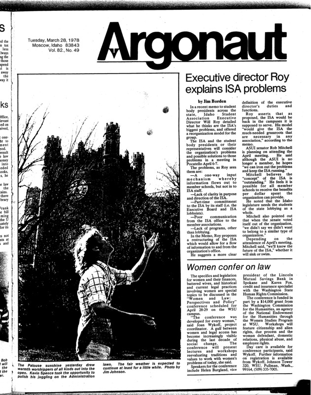 ASUI roundup (pg 2, c0) | Doug Wilson groups distribute fundamentalist newspaper (pg 4, c3) | Executive director explains problem (pg 1, c0) | Professor of Agricultural education. Accident or suicide? Portrait (pg 3, c0) | Road trip nets mostly wins (pg 6, c0) | Trees planted by presidents. Photo (pg 10, c0) | Warm, Sunny; juggler on lawn. Photo (pg 1, c0)