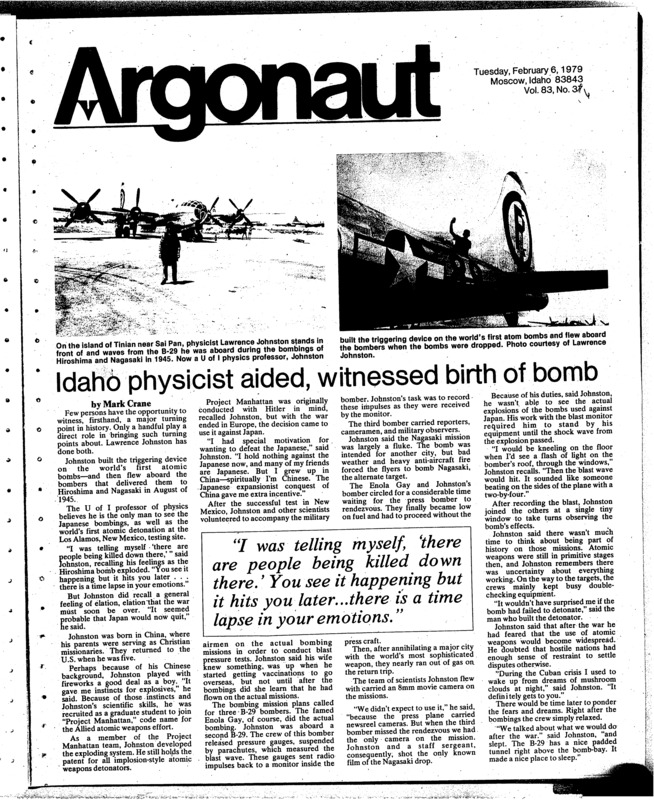 Idaho team comes in second. Photo (pg 8, c0) | Physics professor. On atomic bomb plans over Hiroshima and Nagasaki. Developed trigger mech. Photos (pg 1, c0) | Story of 'Cedar thief' program (pg 5, c0) | Team does well in Oregon road trip (pg 9, c0) | Win 1, lose one in Montana (pg 9, c0)