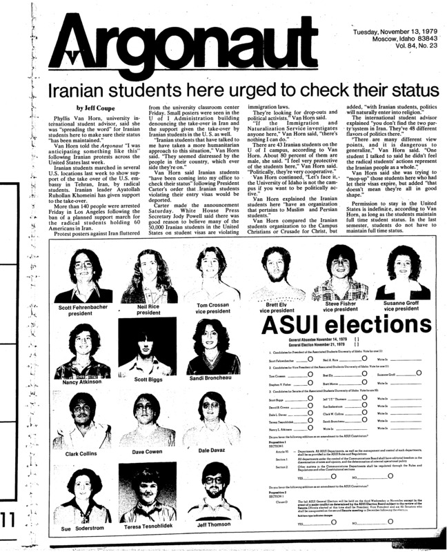 Fail to make nationals at OR meet (pg 7, c0) | Four in close vice president race (pg 3, c0) | Iranians should check status (pg 1, c0) | Photos of candidates and ballot (pg 1, c0) | University of Idaho vs. Weber State University. Idaho loses 3-7 (pg 7, c0)