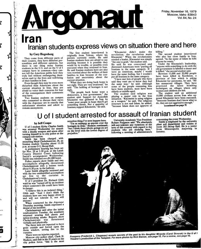 Approves new student evaluation policy (pg 2, c0) | Arrest for assault against Iranian (pg 1, c0) | Iranians express views about home (pg 1, c0) | Student exterminate dorm rats. Photo (pg 3, c0)