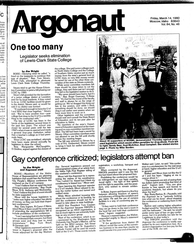 Demo against proposed laws (pg 2, c0) | Excellent conditions in area (pg 8, c0) | Firebird begins at WSU (pg 6, c0) | Football player skips town on assault (pg 5, c0) | Legislators attempt to ban conference (pg 1, c0) | Lose 81-84 at Cal. State - L.A. (pg 3, c0) | Priorities statement passed (pg 5, c0)
