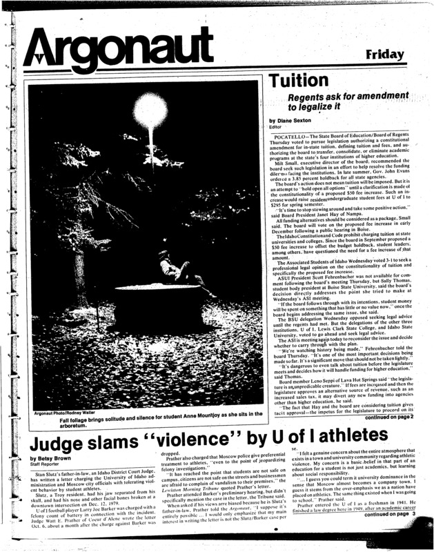 ASI votes to sue regents over $50 fee increase (pg 2, c0) | Asked to legalize instate tuition (pg 1, c0) | Dump Cougars 15-8, 15-7 15-8 (pg 7, c0) | Judge slams violence by UI athletes (pg 1, c0) | Regents asked to legalize tuition (pg 1, c0) | Votes to sue regents over $50. Increase (pg 2, c0)