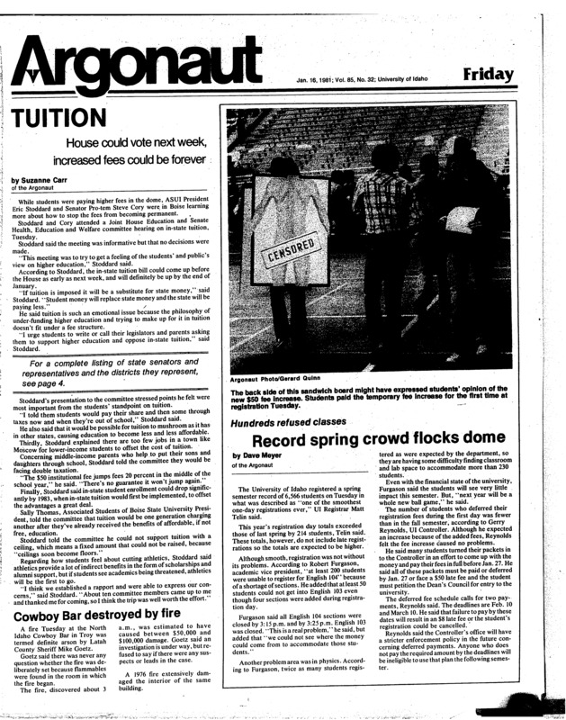 Tuition: House could vote next week, increased fees could be forever; Hundreds refused classes: Record spring crown flocks dome; Cowboy Bar destroyed by fire; WICHE cut may stop grad study (p2); Sex discrimination suit closed (p2); Blanton re-elected zoning ahead (p2); $7,500 ARS settlement accepted (p2); Idaho legislators by district (p4); Theater: UI production, The Seagull, could be number one (p6); Mr. Zero star in WSU’s The Adding Machine (p7); Free music on campus (p8); Directions from Dionysus: A Palouse guide to food and drink (p10); Women open investigative agency (p13); Specialized course available for non-traditional, handicapped students (p13); Biofuel sessions start Feb. 24 (p13); Kellerman lifts Vandals past Wolfpack, 63-59 (p14); Vandals face CWU (p14); Volleyball meeting set (p14); Swimmers put win streak on line tonight (p15); Idaho meets MSU, SU (p15); Volleyball team places in nationals (p15); Rugby team sets practice (p15); New-student skiing trip starts today (p16); Thief strikes during Shoup break (p16)