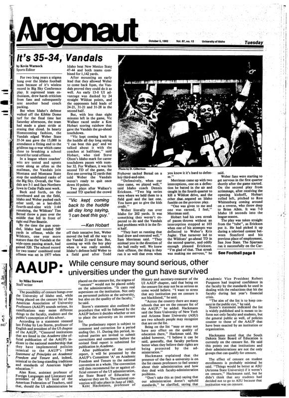 AAUP censure report on 'Financial Exigency' UI 1981 (pg 1, c1) | R.O.T.C. - All services (pg 3, c2) | Sharples, Patsy (pg 9, c1) | UI vs. Montana State University (pg 8, c1) | University of Idaho vs. Weber State University. Photo (pg 1, c1) | Women's team (pg 9, c1)