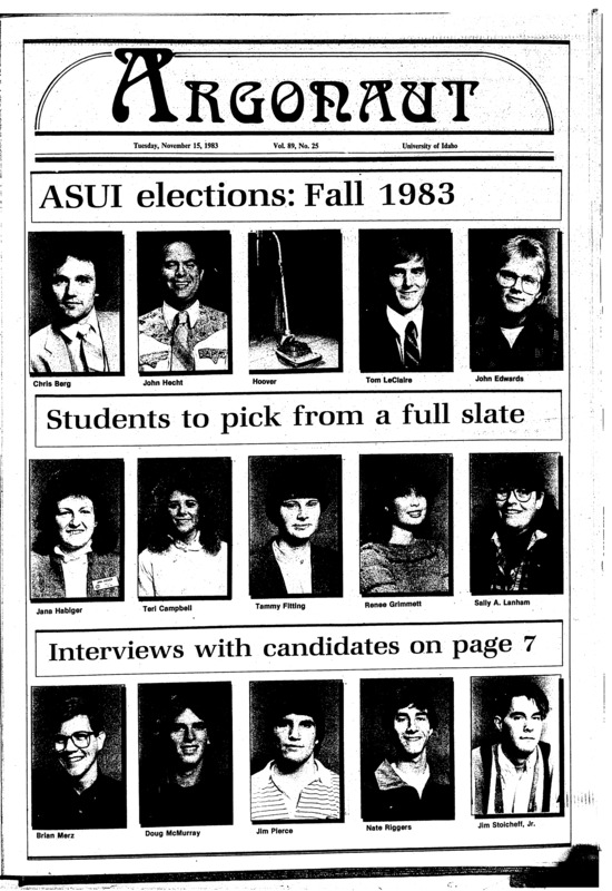 Candidates. Photos (pg 7, c1) | Faculty, U of I, Assistant professor of Civil Engineering. Establishes scholarship fund (pg 19, c4) | Fifteenth anniversary of FM (pg 17, c1) | Matches. Photo (pg 11, c3) | Meets - women's team (pg 12, c3) | Meets (pg 12, c3) | Photo (pg 12, c1) | Plan (pg 17, c1) | UI vs. Bellco Elec. (AAU team). Photo (pg 10, c1) | Varsity team. Photo (pg 10, c3) | Women's team - NCAA district VII championship (pg 12, c3)