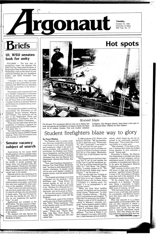 Bruneel, Tire Warehouse Fire (pg 1, c2) | Matches (pg 10, c2) | Student volunteers (pg 1, c2) | University of Idaho vs. University of Montana. Photo (pg 9, c1)