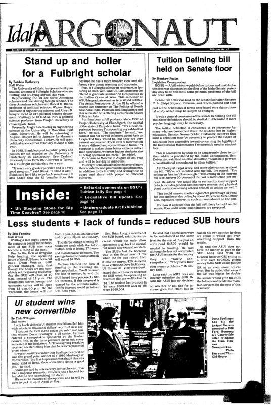 'Feiffer's people'. Photo (pg 12, c1) | Campus Christian Center (pg 3, c1) | Chairman, Political Science Department. Fulbright scholar (pg 1, c1) | Facilities - hours (pg 1, c1) | Hours (pg 1, c1) | Political Science department (pg 1, c1) | Professor. Fulbright scholar (pg 1, c1) | UI vs. Boise State University (pg 7, c1) | Underground exhibit (pg 11, c1) | Varsity team vs. Boise State University (pg 7, c3) | Writer in residence (pg 13, c1)