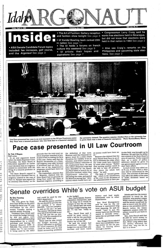 ASUI-Budget (pg 1, c1) | Faculty council (pg 20, c1) | Former University of Idaho professor who brought suit against the University of Idaho. Photo (pg 1, c1) | Journalist, former presidential press agent (pg 15, c1) | Matches (pg 11, c2) | Postmaster retires (pg 6, c1) | Ridenbaugh Hall displays (pg 7, c1) | Silver and Gold days (pg 20, c5) | U of I Post Office postmaster. Retires. Photo (pg 6, c1) | U.S. representative - Republican (pg 2, c1) | Visiting scholar (pg 8, c3)