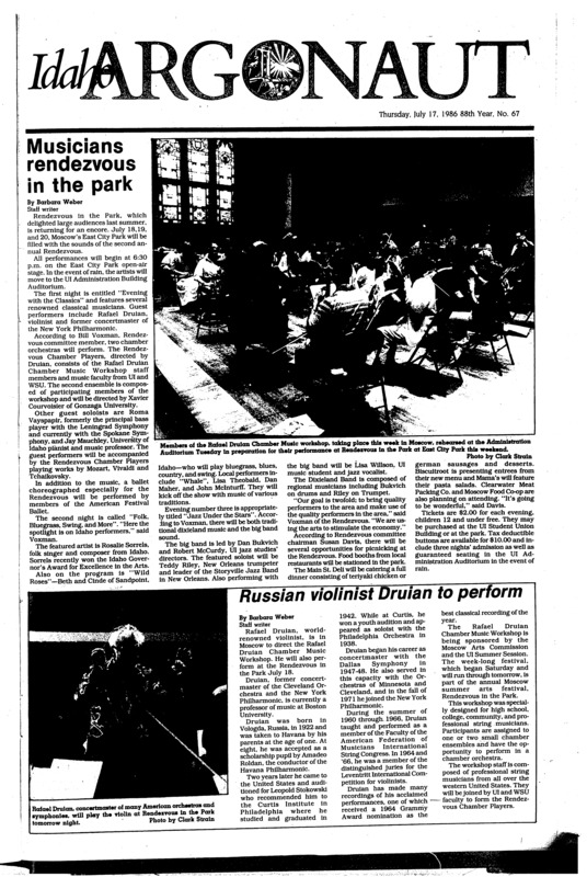 Musicians rendezvous in the park; Russian violinist Druian to perform; Trip to Japan cancelled (p2); Walkway construction limits access (p2); Late financial aid forms on the way (p2); CCC Holds last barbeque (p2); UI rugby team competes in seven man rugby (p3); Aryans hold great party (p4); Feds tread on state’s rights (p4); Hunting season for apartments optimum now (p5); Take a ride on a hot air balloon (p6); On the lost trail of Lewis and Clark 180 years later (p11)