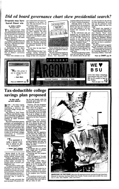 Basketball player. Photo (pg 9, c3) | College savings plan (Tax-deductible) (pg 1, c1) | Jazz festival (pg 10, c1) | Meets (pg 9, c4) | Pacific Radio News system (pg 3, c1) | Parade winners (pg 11, c1) | Selection of university president 1988-89 (pg 1, c1) | Student participation (pg 10, c4) | Varsity team vs. Boise State University (pg 7, c1)