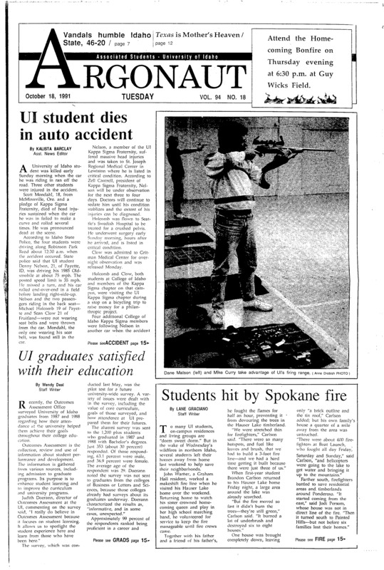 David Tanenbaum (pg 12, c1) | Football player. Breaks record (pg 1, c0) | Homecoming - events (pg 2, c3) | Invitational meets (pg 10, c1) | Student killed in auto accident (pg 1, c1) | Student volunteers (pg 15, c3) | Survey of 1987-88 classes (pg 1, c1) | UI alumni (pg 11, c1) | UI vs. Idaho State University (pg 7, c1) | UI vs. Idaho State University. Pre-game (pg 7, c1) | UI vs. Weber State University (pg 7, c1)