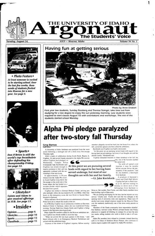 Alpha Phi pledge paralyzed after two-story fall Thursday; Low numbers result in sorority decolonization (p2); Bookstore extends hours to meet demand: First days of school most hectic to buy new books (p3); Student Health Services provide broad range of medical care for full, part time students (p3); ‘92-’93 UI crime follows national trend (p4); David Mucci: New SUB manager stresses interaction with students (p5); Three residence halls receive summer facelift (p5); Changing agriculture, changing lifestyles: Rapeseed delivers its unimaginable potential to the UI and the Palouse (p10); Fly Fishing for trout: Fishing in North Idaho is only a short fly-cast away (p10); Throwing Frisbee: The Ultimate way of life (p12)