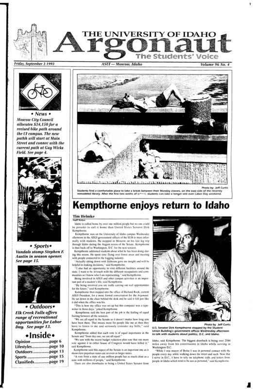Kempthorne enjoys return to Idaho; Greek advisor says no new policies (p2); MIPs keep police busy (p2); Class teaches rape defense strategies (p3); Scientists perform musical test: Physical Scientists explain meaning of life (p10); Men’s sex survey reveals who switches partners most (p10); Serious cyclists need safety (p11); Forest, Spruce grouse offer opportunity to get out of Dodge (p13); Idaho cuts down Lumberjacks (p15); UI volleyball team smashes Lewis-Clark (p16)