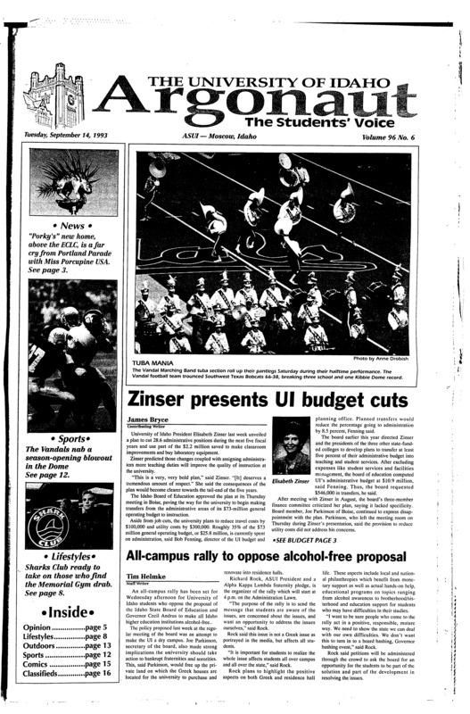 Zinser presents UI budget cuts; All-campus rally to oppose alcohol-free proposal; ‘Bomb Sniffer’: FAA offers $ .5 million for prototype that senses, identifies bombs (p2); Oregon artist donates 350-pounds bronze ‘Porky’ to housing project (p3); Earth First!ers found guilty (p4); University neglects old for new, South Hill Terrace residents say (p5); Shark Club has mouthful ready to hook new athletic members (p10); Student Health stops smoking: Eight sessions to help students stop smoking to begin Sept. 21 (p10); Xenon puts on cowboy boots (p11); Go, Fight, Win!: UI cheerleaders pumping home crowds with spirit and Vandal style (p15)
