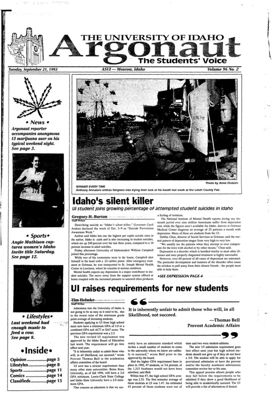 Idaho’s silent killer: UI student joins growing percentage of attempted suicides in Idaho; UI raises requirements for new students; Dope no big deal, says UI student (p3); Idaho education to be strong issue, Winder says (p3); Enough music to feed a cow (p8); Late season hunting for Big Elk (p9); Angie Mathison captures first ever cross country victory at Idaho Invite (p12); Grammar repeats H&C victory (p13)