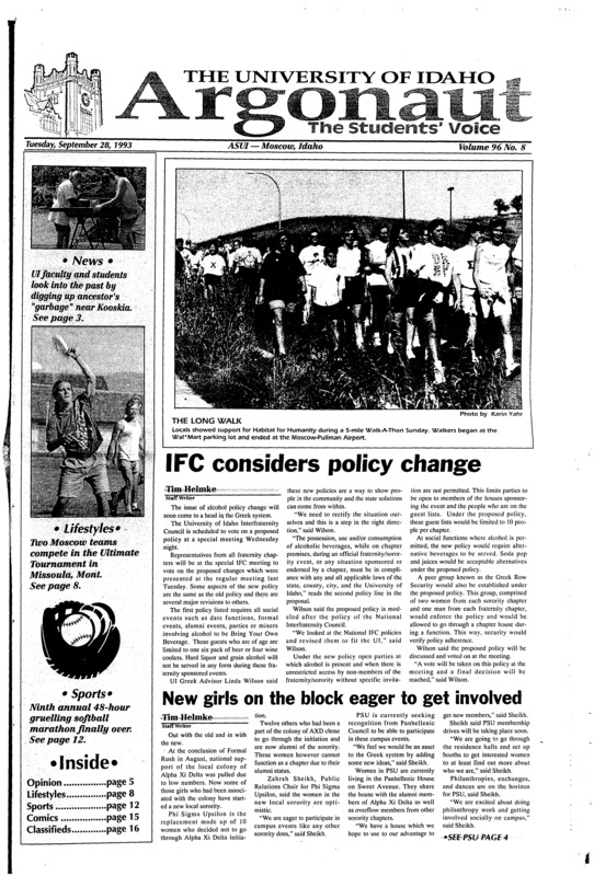 IFC considers policy change; New girls on the block eager to get involved; Committee discusses new bike path (p4); Disc, The Ultimate way of life (p8); Fraternities battle in softball bonanza: 48-hour softball marathon, a player’s perspective (p12); UI volleyball sweeps Montana, MSU (p12); Lacrosse teams forming: Men’s and women’s team members needed (p14); Dual in the Dome slated for Oct. 2 Kibbie Dome (p14)