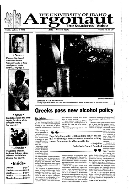 Greeks pass new alcohol policy; Research program offers biomedical opportunities for minority students (p2); ASUI Senate approves funds for KUOI (p3); UI law school consultant runs for city council (p3); Student EMT’s juggle fighting fires, homework (p4); Racing cars makes grades (p4); ‘Salmon’ bridges the music gap (p8); Comedy Troupe: ‘The Best of Second City’ sets free laughter at University Auditorium Friday night (p8); A Pilgrim’s guide to feeding on elk meat (p9); Vandals cruise to sixth straight win (p11)