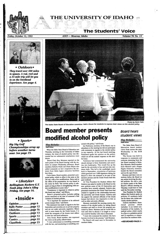 Board member presents modified alcohol policy; Rock handgun in possible code violation (p2); PETA representative to talk on the Palouse (p3); Senators present diversity bill (p4); SUB ballroom to sport 75 international flags (p4); Heber pleads involuntary manslaughter (p4); UI wants active role: Resolution describes new alcohol policies, campus reaction to Regena Coghlin accident (p5); Slide show portrays intense adventure (p15); G.T. Noah celebrates new album: Jump on the Wagon full of Thunder at Alley (p16); Lip synch promises embarrassment (p16)