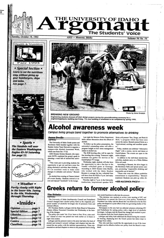 Alcohol awareness week: Campus living groups band together to promote alternatives to drinking; Greeks return to former alcohol policy; Greeks contribute time, money to philanthropies (p3); Fair promotes ‘head to toe’ fitness (p7); Award-winning poet to read (p10); Film Festival to show Thursday (p10); Vandals continue winning ways (p12) [Health and Nutrition Fair special starts on page 7]